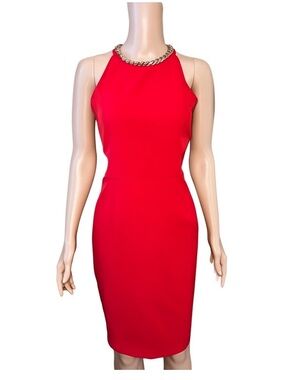 Red Halter Sheath Dress with Chain Detail - Women